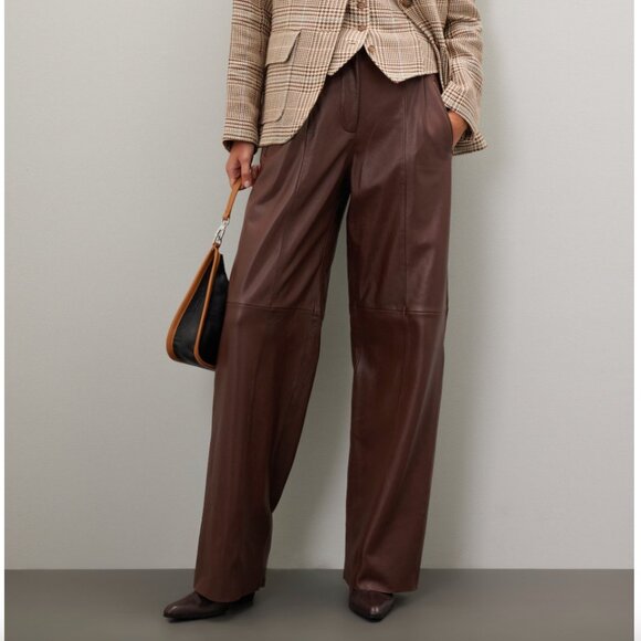 VEDA Brown Leather Trousers Size 6 - Picture 1 of 11